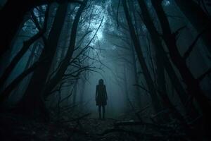 ein Person Stehen im das Mitte von ein dunkel Wald generativ ai foto