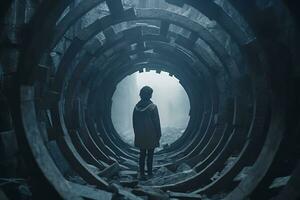 ein Person Stehen im das Mitte von ein dunkel Tunnel generativ ai foto