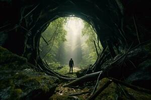 ein Person Stehen im das Mitte von ein dunkel Tunnel im das Wald generativ ai foto