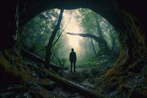 ein Person Stehen im das Mitte von ein Tunnel im das Wald generativ ai foto