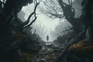 ein Person Gehen durch ein dunkel Wald mit Bäume und Felsen generativ ai foto