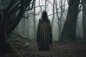 ein Person mit lange Haar Stehen im das Mitte von ein Wald generativ ai foto