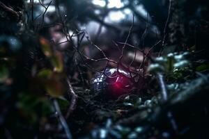 ein rot Ball im das Mitte von das Wald generativ ai foto