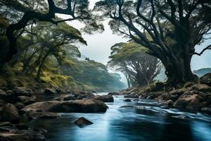 ein Fluss Laufen durch ein Wald mit Bäume und Felsen generativ ai foto