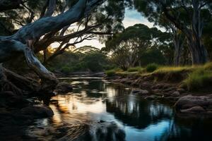 ein Fluss Laufen durch ein Wald beim Sonnenuntergang generativ ai foto