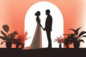 ein Silhouette von ein Braut und Bräutigam halten Hände generativ ai foto