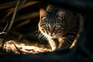 ein gestreift Katze Gehen durch das Wald generativ ai foto