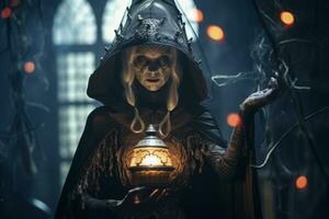 ein Hexe halten ein Laterne im ein dunkel Zimmer generativ ai foto