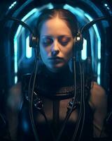 ein Frau im ein futuristisch Raum passen mit Kopfhörer generativ ai foto