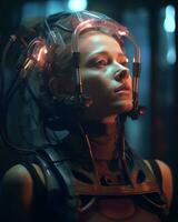 ein Frau im ein futuristisch passen mit glühend Beleuchtung auf ihr Kopf generativ ai foto