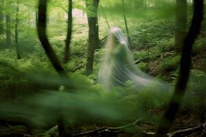 ein Frau im ein lange Weiß Kleid ist Gehen durch das Wald generativ ai foto