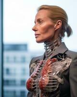 ein Frau im ein passen mit ein Roboter Körper generativ ai foto