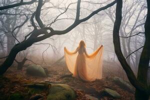 ein Frau im ein Orange Kleid Stehen im das Mitte von ein nebelig Wald generativ ai foto