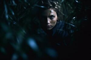 ein Frau im das dunkel umgeben durch hoch Gras generativ ai foto