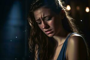 ein Frau ist Weinen im ein dunkel Zimmer generativ ai foto