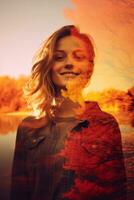 ein Frau ist lächelnd im Vorderseite von ein Herbst Baum generativ ai foto