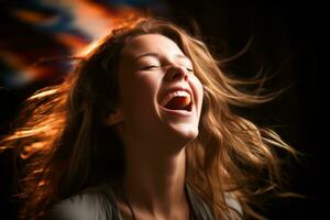 ein Frau Lachen mit ihr Mund breit öffnen generativ ai foto