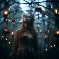 ein Frau Stehen im ein dunkel Zimmer umgeben durch hängend Laternen generativ ai foto