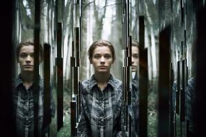 ein Frau Stehen im Vorderseite von Spiegel im ein Wald generativ ai foto
