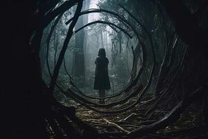 ein Frau Stehen im das Mitte von ein dunkel Wald generativ ai foto