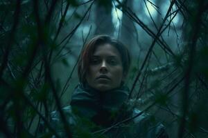 ein Frau Stehen im das Wald umgeben durch Bäume generativ ai foto