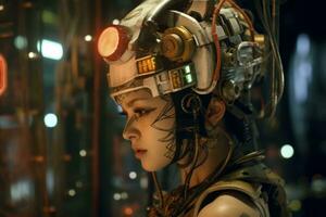 ein Frau tragen ein futuristisch Helm im ein dunkel Zimmer generativ ai foto