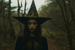 ein Frau tragen ein Hexe Hut im das Wald generativ ai foto