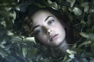 ein Frau mit Blau Augen ist umgeben durch Blätter generativ ai foto
