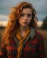 ein Frau mit rot Haar und ein Plaid Hemd Stehen im ein Feld generativ ai foto