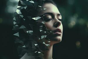 ein Frauen Gesicht ist gemacht oben von Dreiecke generativ ai foto
