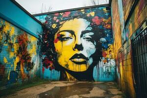 ein Frauen Gesicht ist gemalt auf ein Mauer im ein Gasse generativ ai foto
