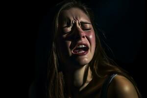 ein jung Frau ist Weinen im das dunkel generativ ai foto