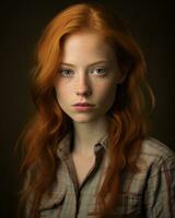 ein jung Frau mit rot Haar und ein kariert Hemd generativ ai foto