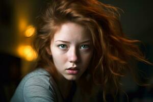 ein jung Frau mit rot Haar suchen beim das Kamera generativ ai foto