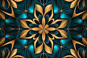 ein abstrakt Blau und Gold Blumen- Muster auf ein schwarz Hintergrund generativ ai foto