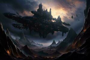 ein Außerirdischer Raumschiff ist fliegend Über ein Berg mit ein Schloss im das Hintergrund generativ ai foto
