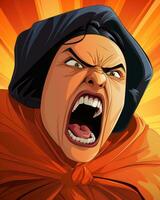 ein wütend Frau mit ihr Mund öffnen im Vorderseite von ein Orange Hintergrund generativ ai foto