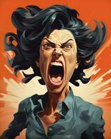 ein wütend Frau mit ihr Mund öffnen im Vorderseite von ein Orange Hintergrund generativ ai foto