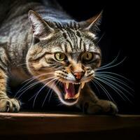 ein wütend Katze mit es ist Mund öffnen auf ein dunkel Hintergrund generativ ai foto