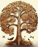 ein künstlerisch Illustration von ein Baum mit Vögel und Schmetterlinge generativ ai foto