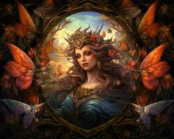 ein künstlerisch Gemälde von ein Frau umgeben durch Schmetterlinge generativ ai foto