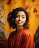 ein asiatisch Frau im ein Orange Kleid posieren zum das Kamera generativ ai foto