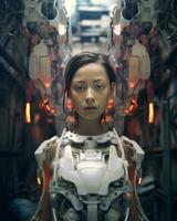 ein asiatisch Frau im ein futuristisch Roboter passen generativ ai foto