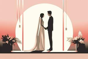 ein Illustration von ein Braut und Bräutigam Stehen im Vorderseite von ein Fenster generativ ai foto