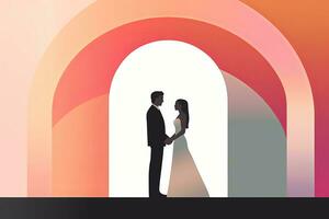ein Illustration von ein Braut und Bräutigam Stehen im Vorderseite von ein Bogen generativ ai foto