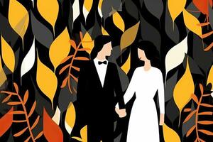 ein Illustration von ein Braut und Bräutigam Stehen im Vorderseite von Blätter generativ ai foto