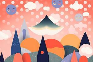 ein Illustration von ein bunt Landschaft mit Wolken und ein Regenschirm generativ ai foto