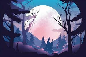 ein Illustration von ein Wald beim Nacht mit ein voll Mond im das Hintergrund generativ ai foto