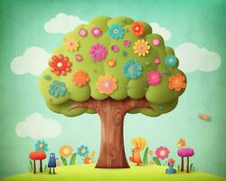 ein Illustration von ein Baum mit bunt Blumen generativ ai foto