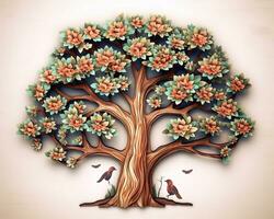 ein Illustration von ein Baum mit Blumen und Vögel generativ ai foto